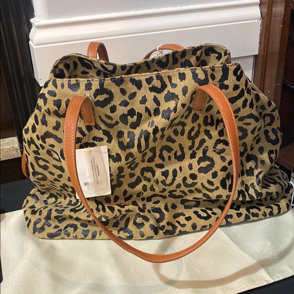 NWT Leopard Print Tote Bag with Tan Handles